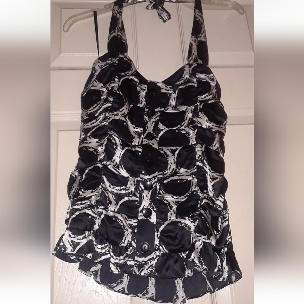 INC International Concepts 100% Silk Black Ruched Halter Top w/ Buttons Size 8
